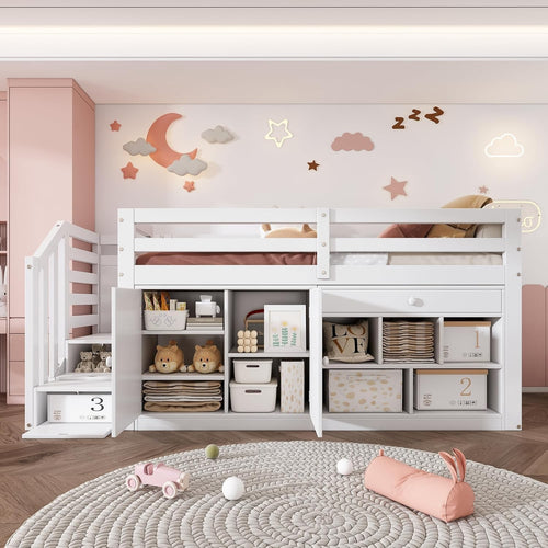 White Kids Cabin Bed with Storage Drawers, Desk & Steps 90x190cm
