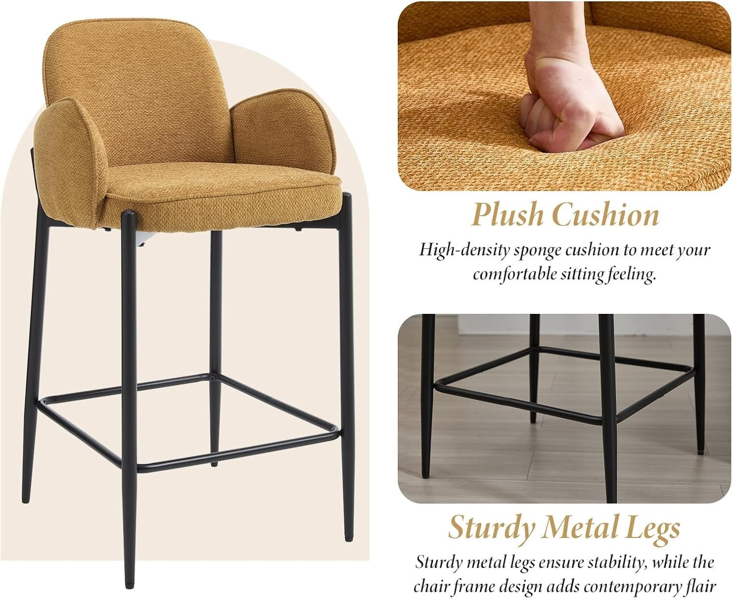 Modern Yellow Bar Stools Set of 2 | Chenille Seat, Metal Legs, Armrest