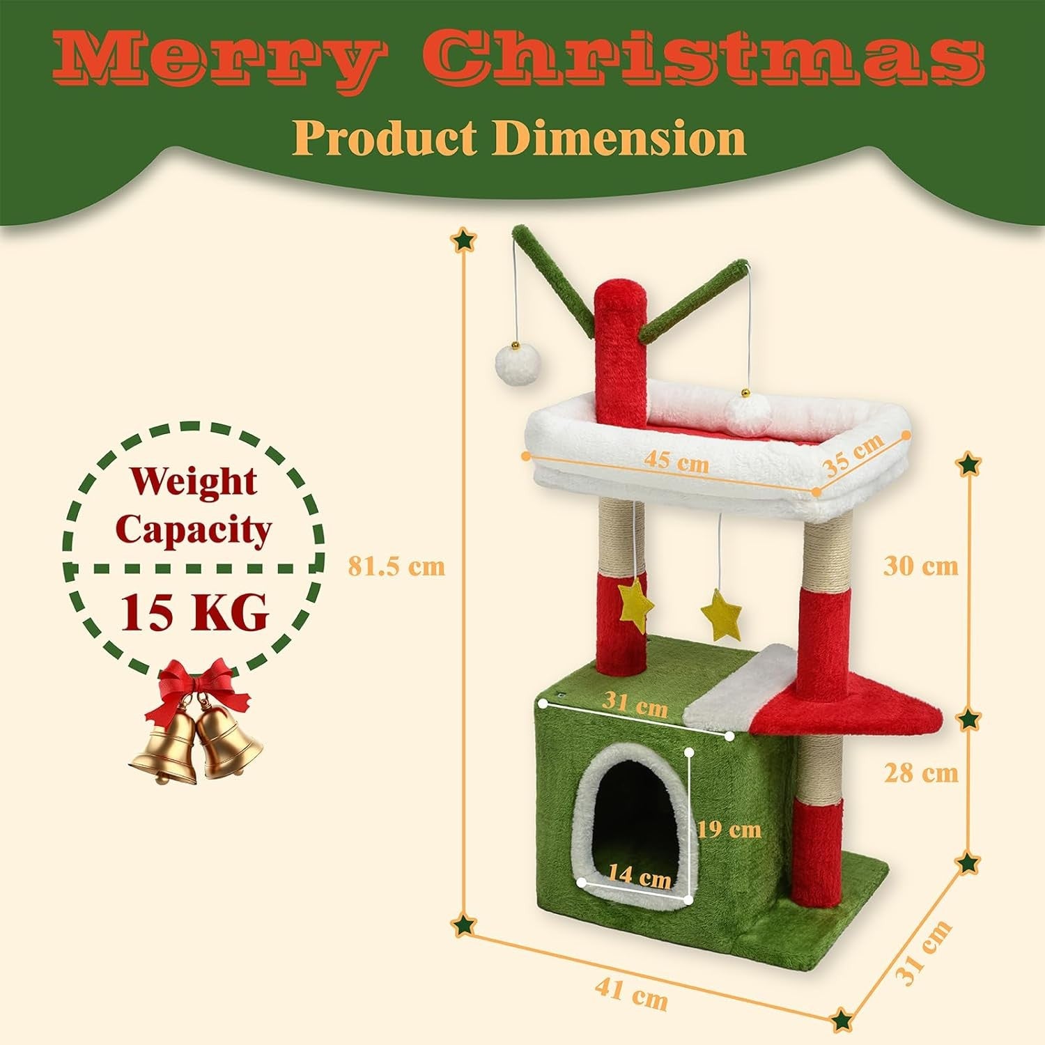 Christmas Cat Tree 81.5cm Festive Scratching Tower with Condo Toys Red Green