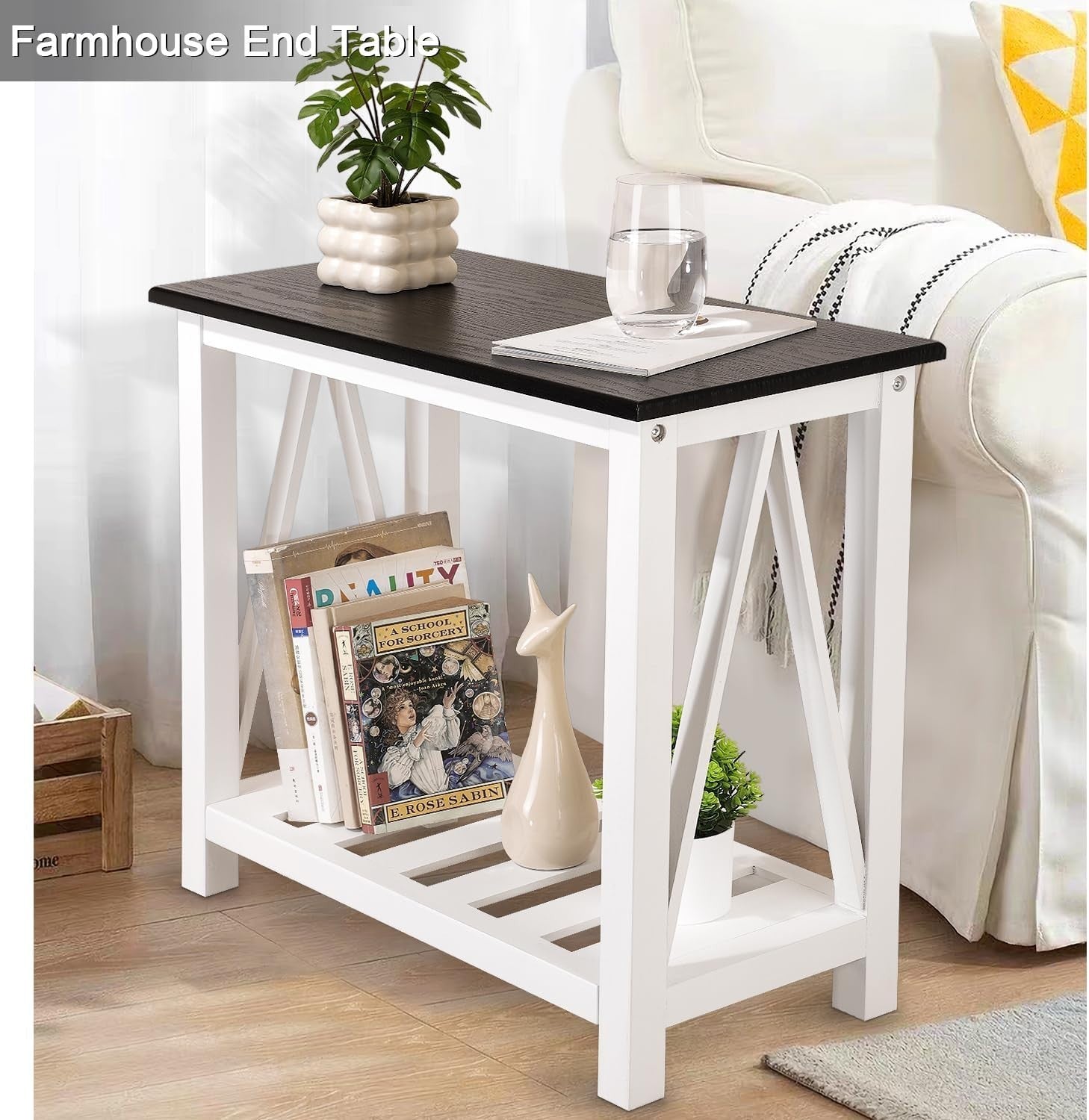 Narrow Black & White Side Table with Storage Shelf, Rustic Nightstand