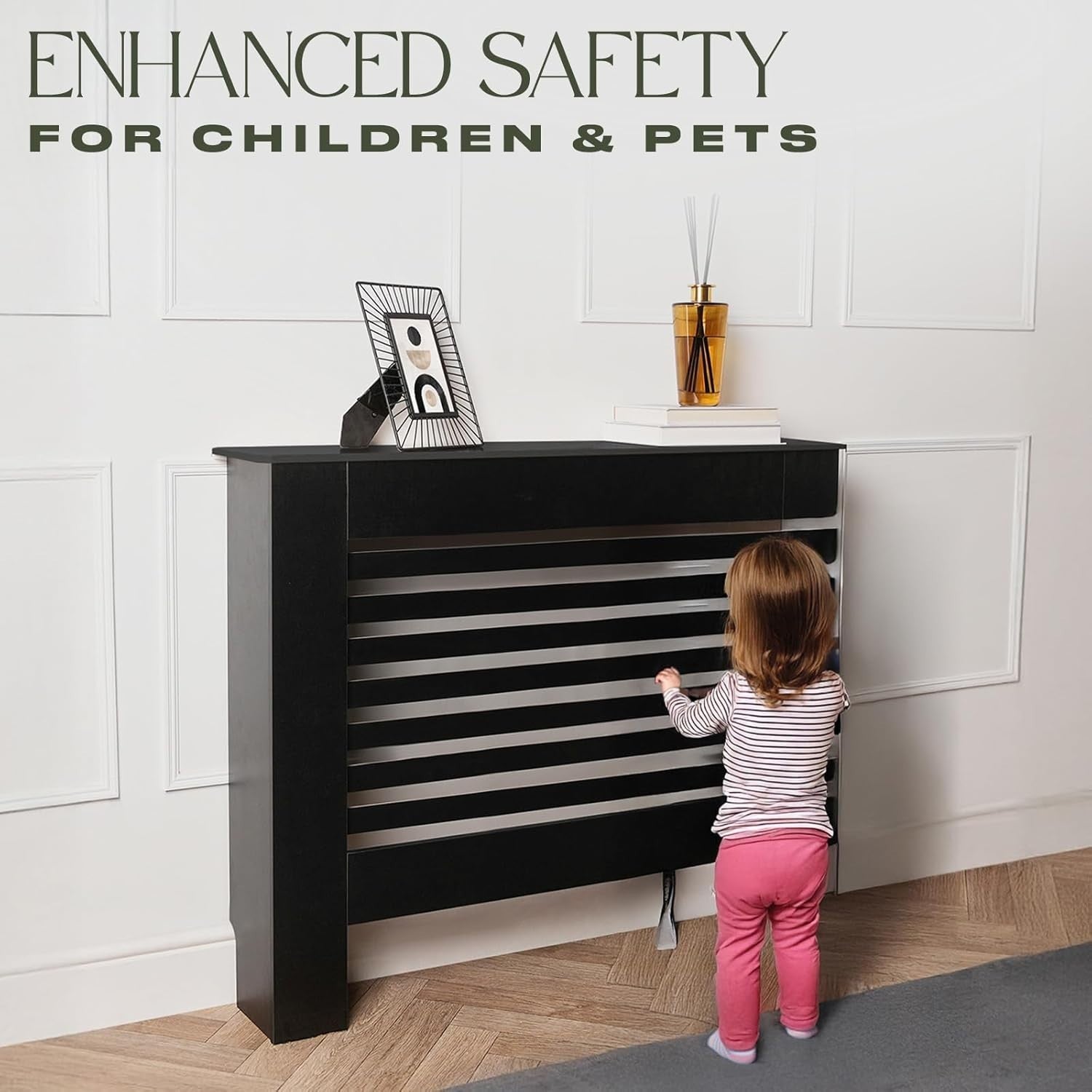 Black Radiator Cover Medium MDF Slatted Cabinet – Modern Wooden Heater Shelf