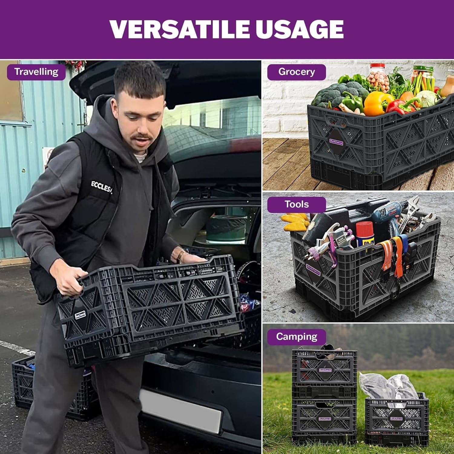 Heavy Duty Collapsible Storage Crate 60x40x30cm 59L Grey