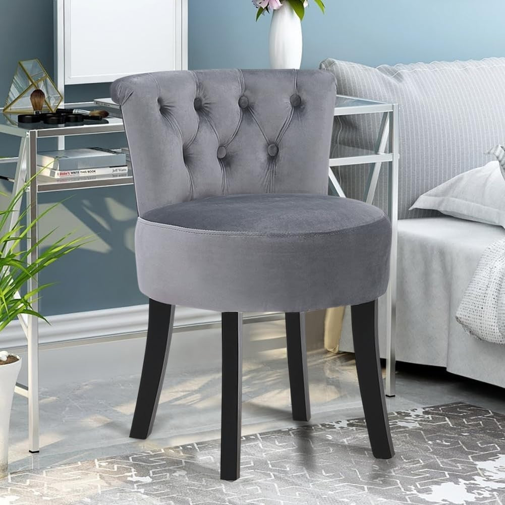 Grey Velvet High-Back Dressing Table Chair with Solid Wood Legs