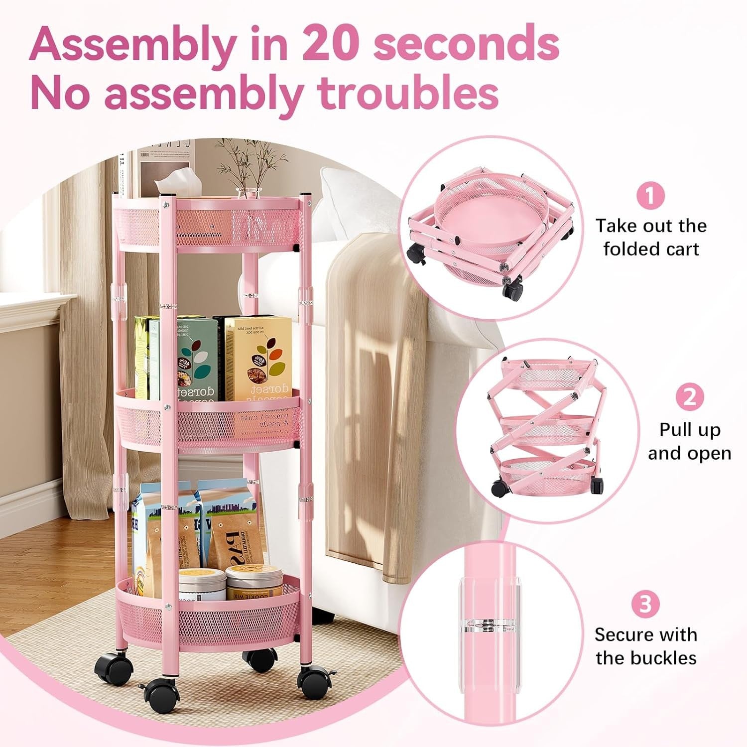 3 Tier Foldable Rolling Storage Cart Metal Utility Trolley Lockable Wheels
