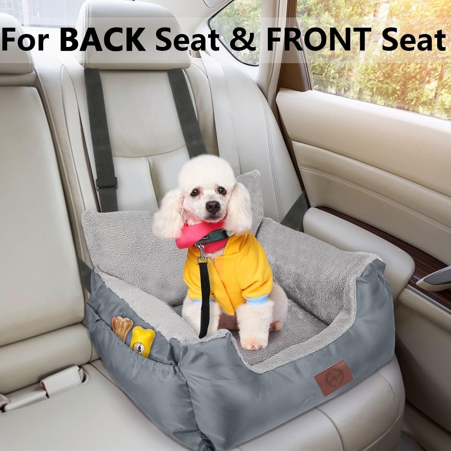 Pet Car Booster Seat Plush Dog Travel Bed Safety Leash Waterproof Grey