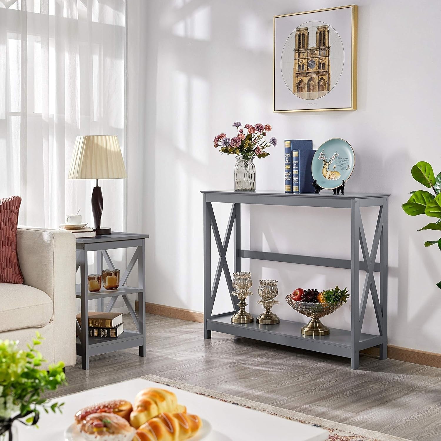 Slim 2-Tier Grey Console Table with X-Frame for Hallway & Living Room
