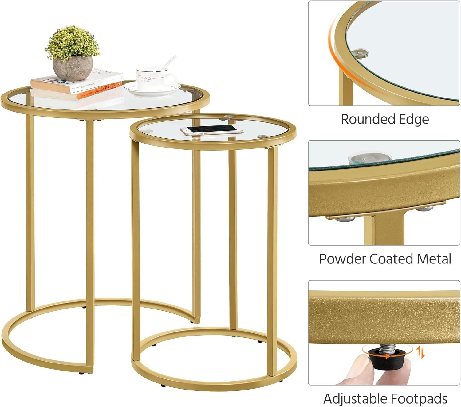 Nesting End Table Set of 2 Gold Round Accent Side Tables Tempered Glass Metal