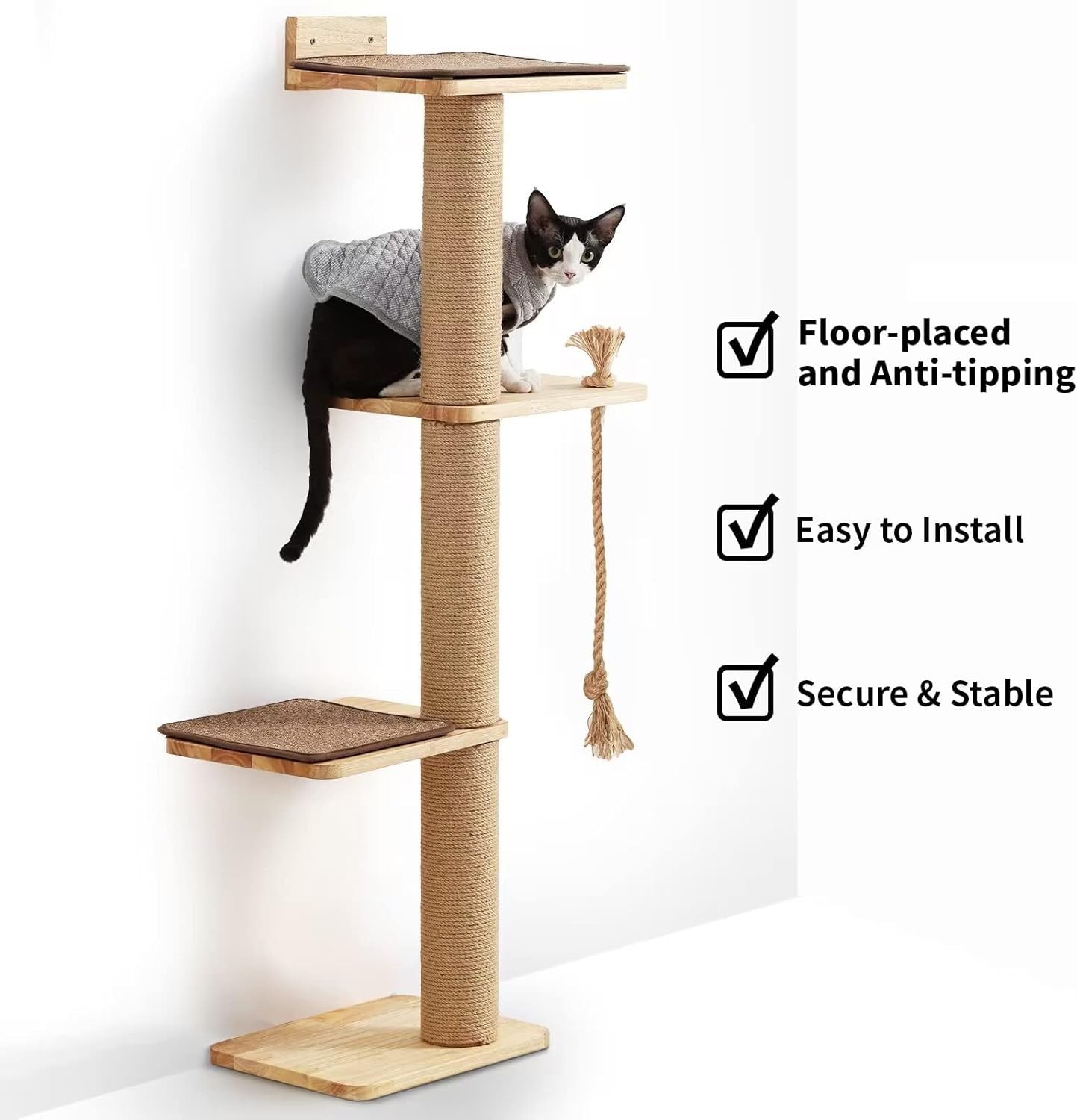 Wall Mounted Cat Scratching Tree 125cm Jute Post Platform Natural Wood
