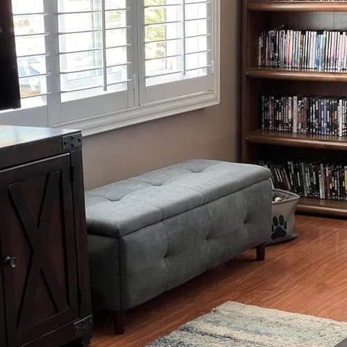 Grey Linen Storage Ottoman Bench with Seat & Lift-Up Lid 115x45x45
