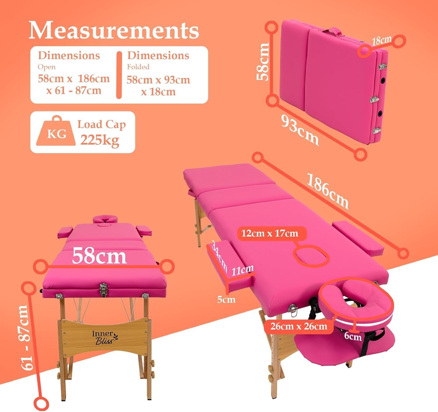 Portable Massage Table 2-Section Folding Therapy Bed w/ Face Cradle Dark Pink