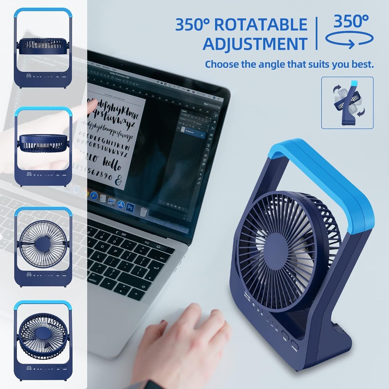 20000mAh Portable Desk Fan – Quiet 3-Speed Rechargeable USB Air Circulator Blue
