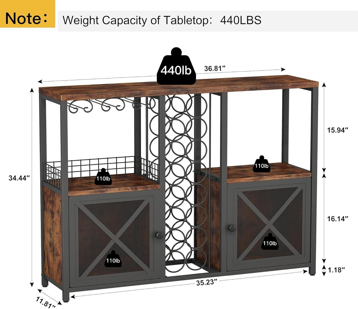 Rustic Home Bar Cabinet with Wine Rack, Glass Holder & Storage Shelves Sideboard