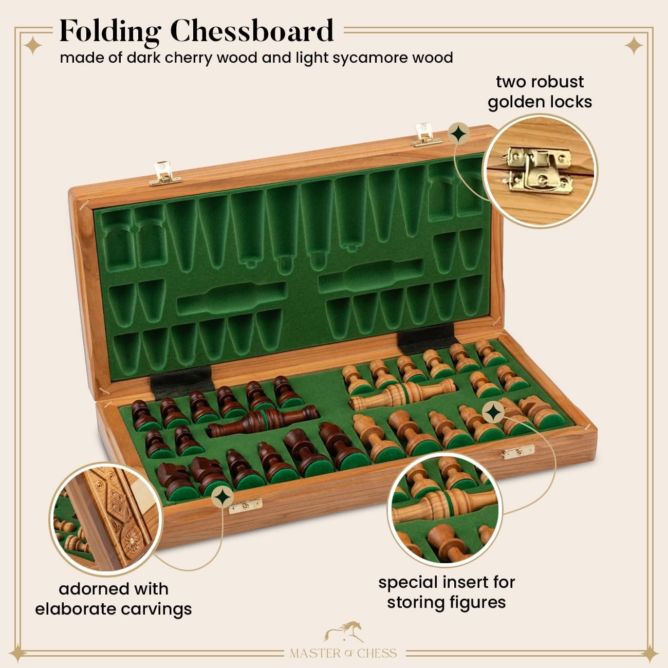 42cm Handcrafted Wooden Chess Set RUBY | Sculpted Pieces | Luxury Foldable Board
