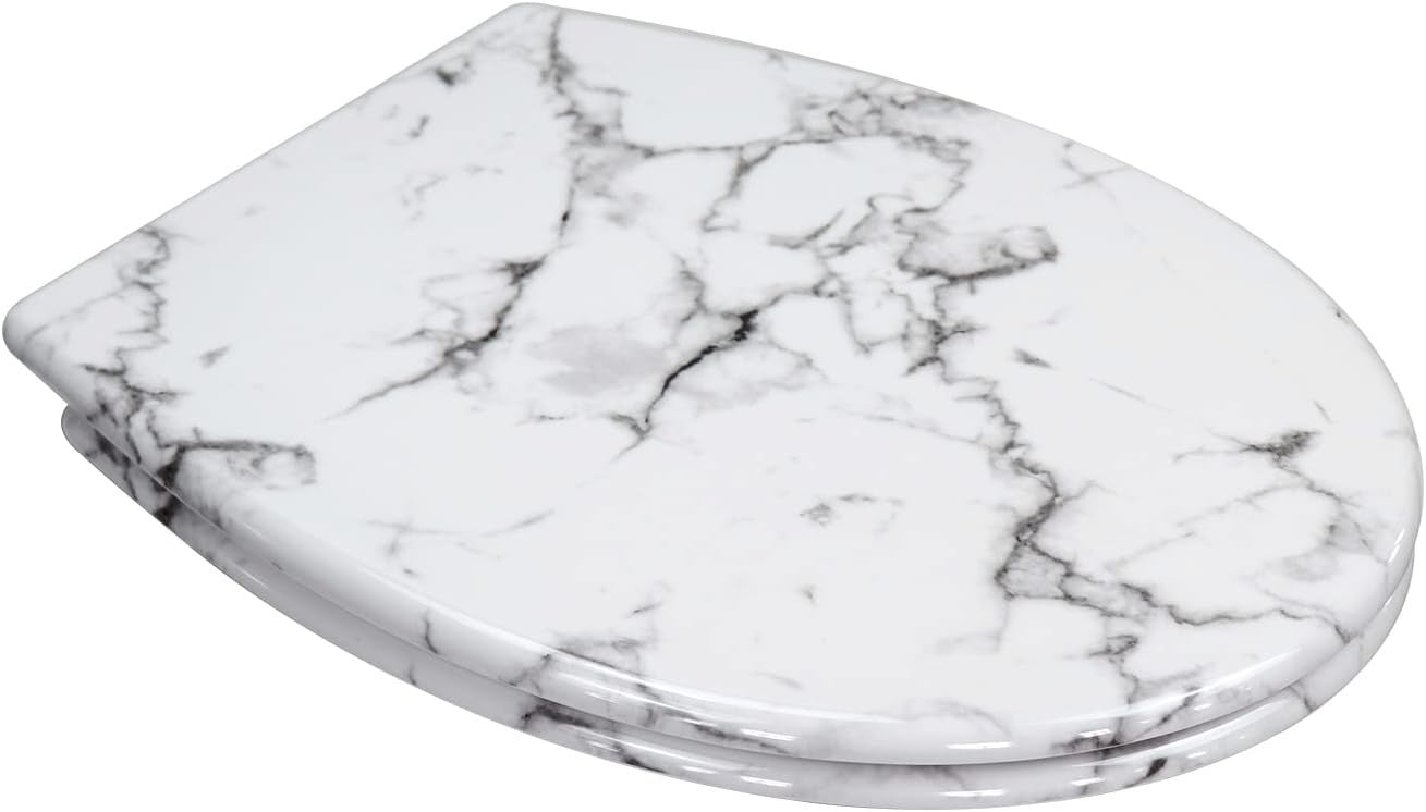 Soft Close Toilet Seat White Marble Quick Release Top Fixing Duroplast 45x37cm