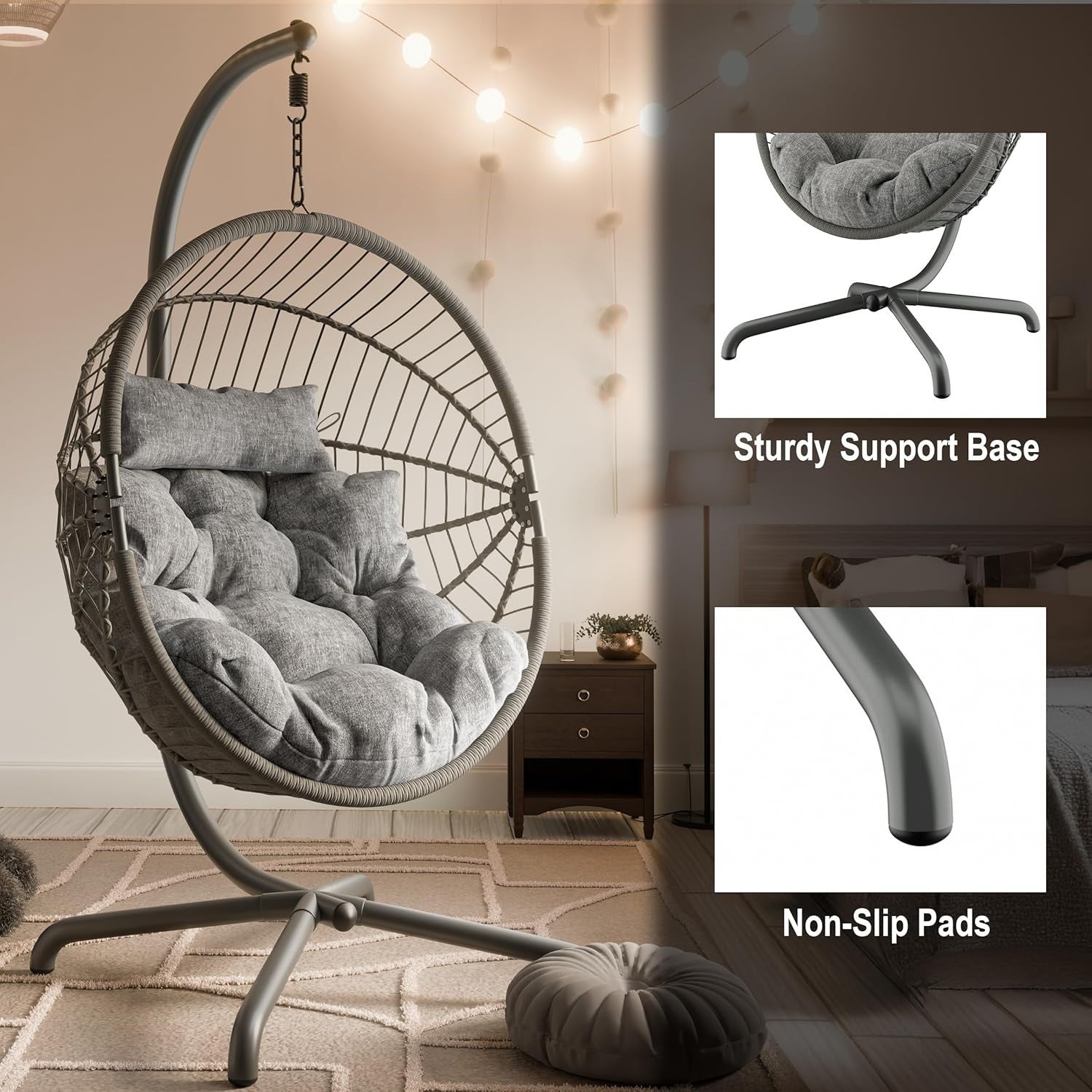 Foldable Rattan Hanging Egg Chair with Stand & Cushion for Indoor Outdoor