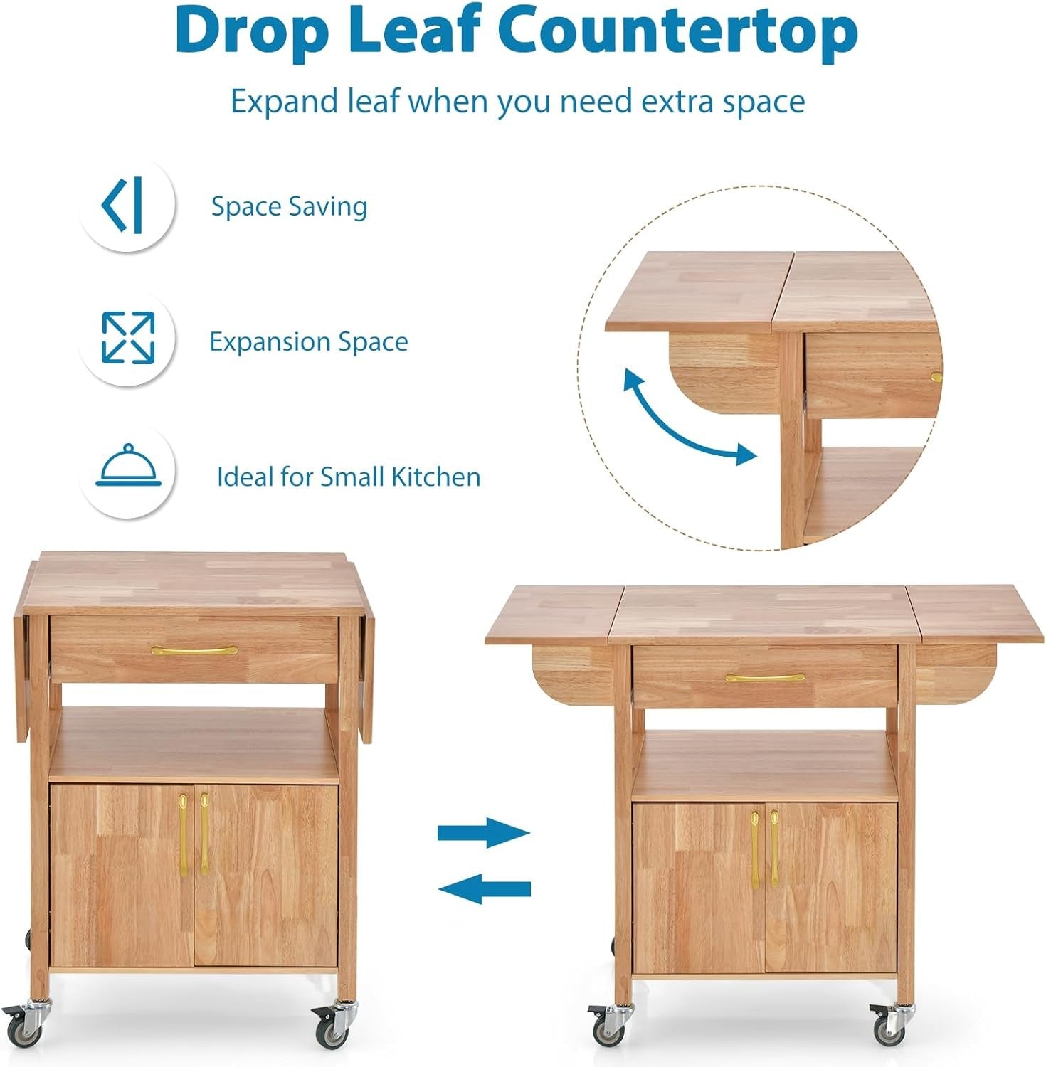 Kitchen Island on Wheels Rolling Trolley Cart Drawer Cabinet Drop Leaf Top