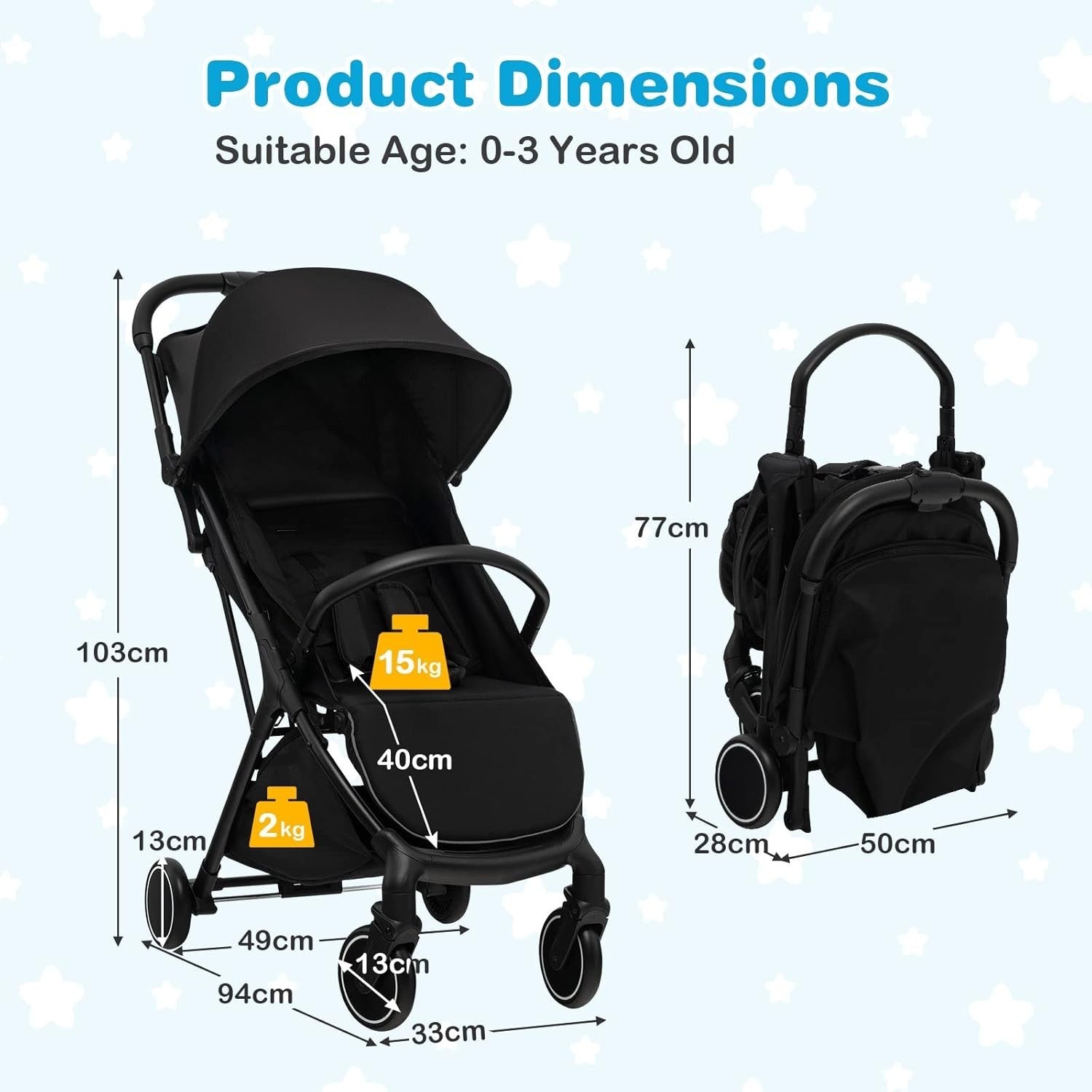 Black Baby Stroller One Hand Fold Lightweight Travel Buggy 5 Point