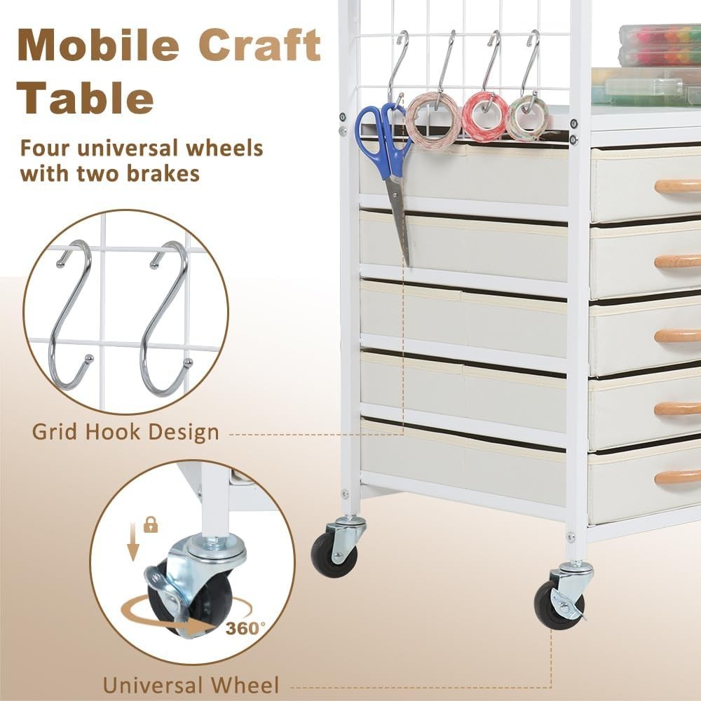 Craft Storage Cart Rolling Cricut Table Vinyl Holder 5 Drawers White