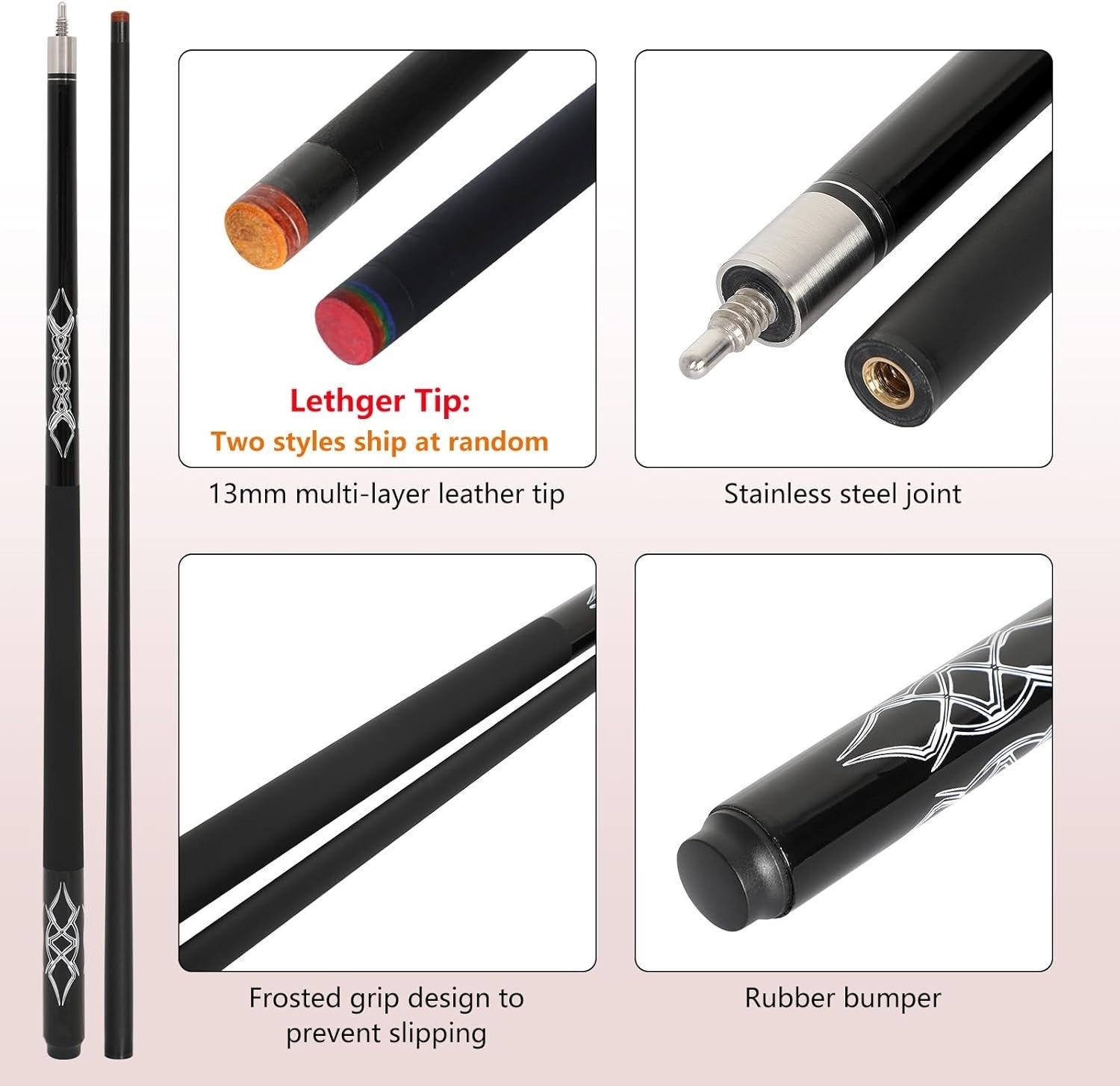 58in Pool Cue Fiberglass Graphite 18–21oz 13mm Tip 2pc Pro Stick