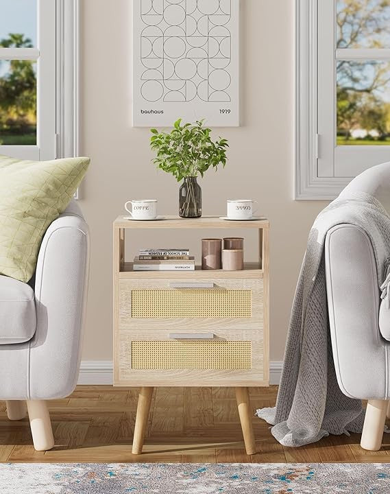 Boho Rattan Bedside Table with 2 Drawers & Open Shelf, Natural Wood Nightstand