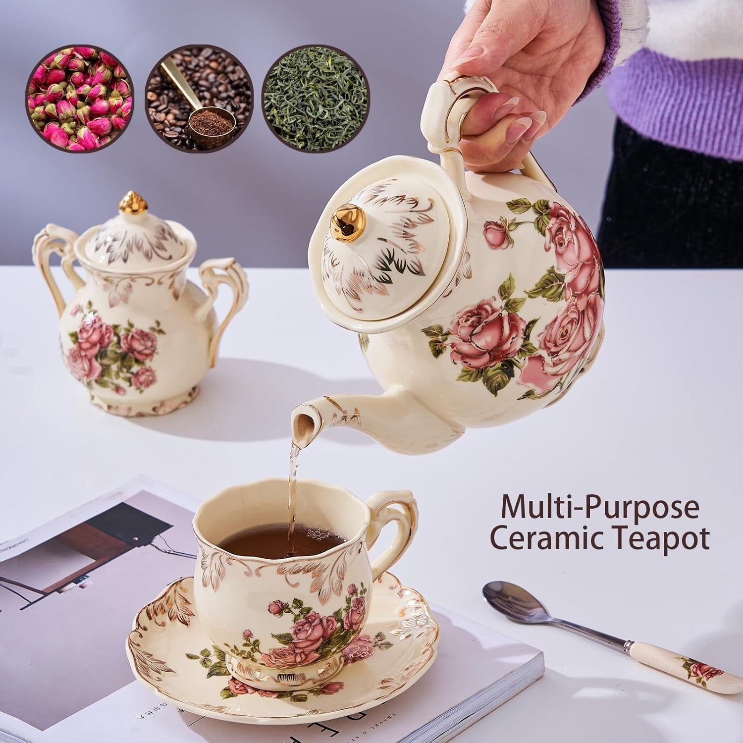 700ml Pink Rose Porcelain Teapot Vintage Floral Gold Trim Tea Pot