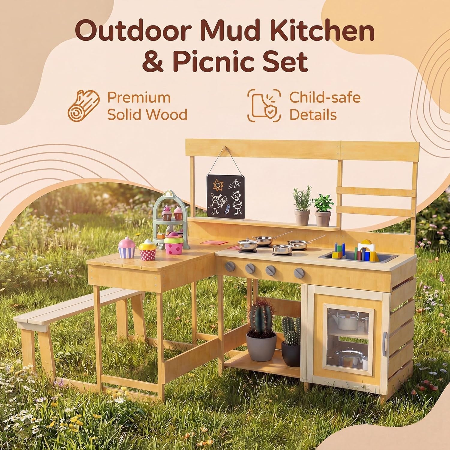 Kids Mud Kitchen Outdoor Wooden Play Kitchen Picnic Table Natural
