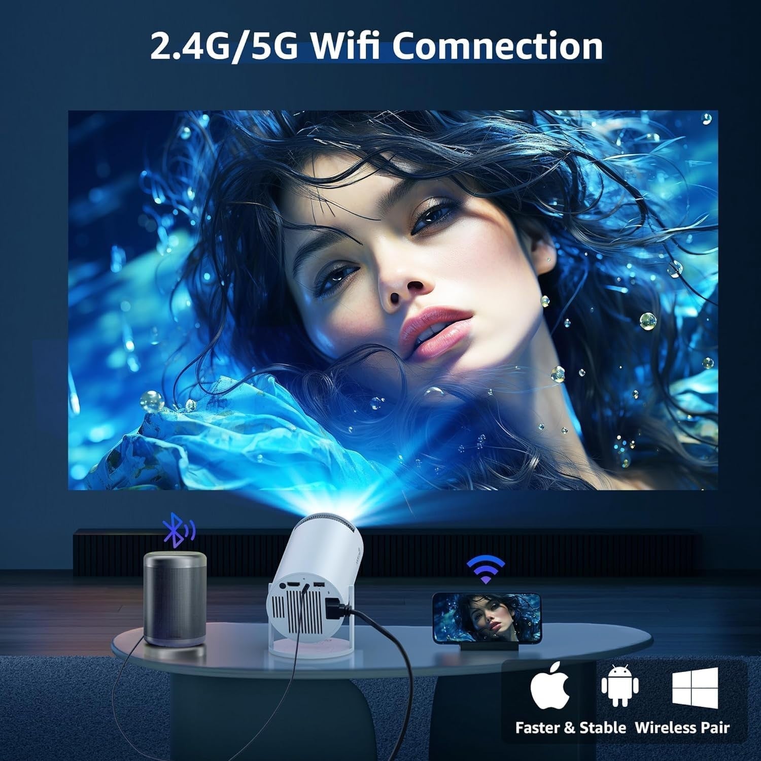 4K Mini Projector 1080P WiFi 6 Bluetooth 180° Portable Home Theater