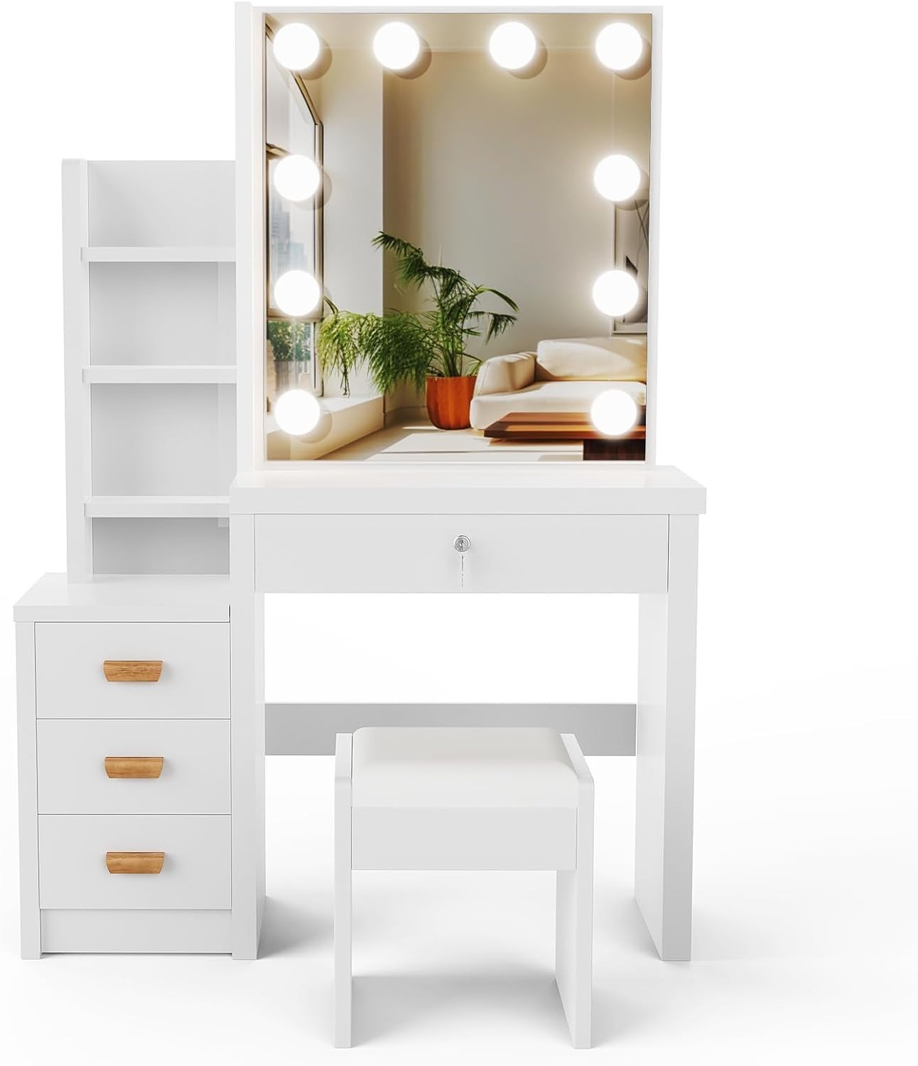Vanity Set Makeup Desk White LED Mirror Sliding Storage Stool 4 Drawers Bedroom