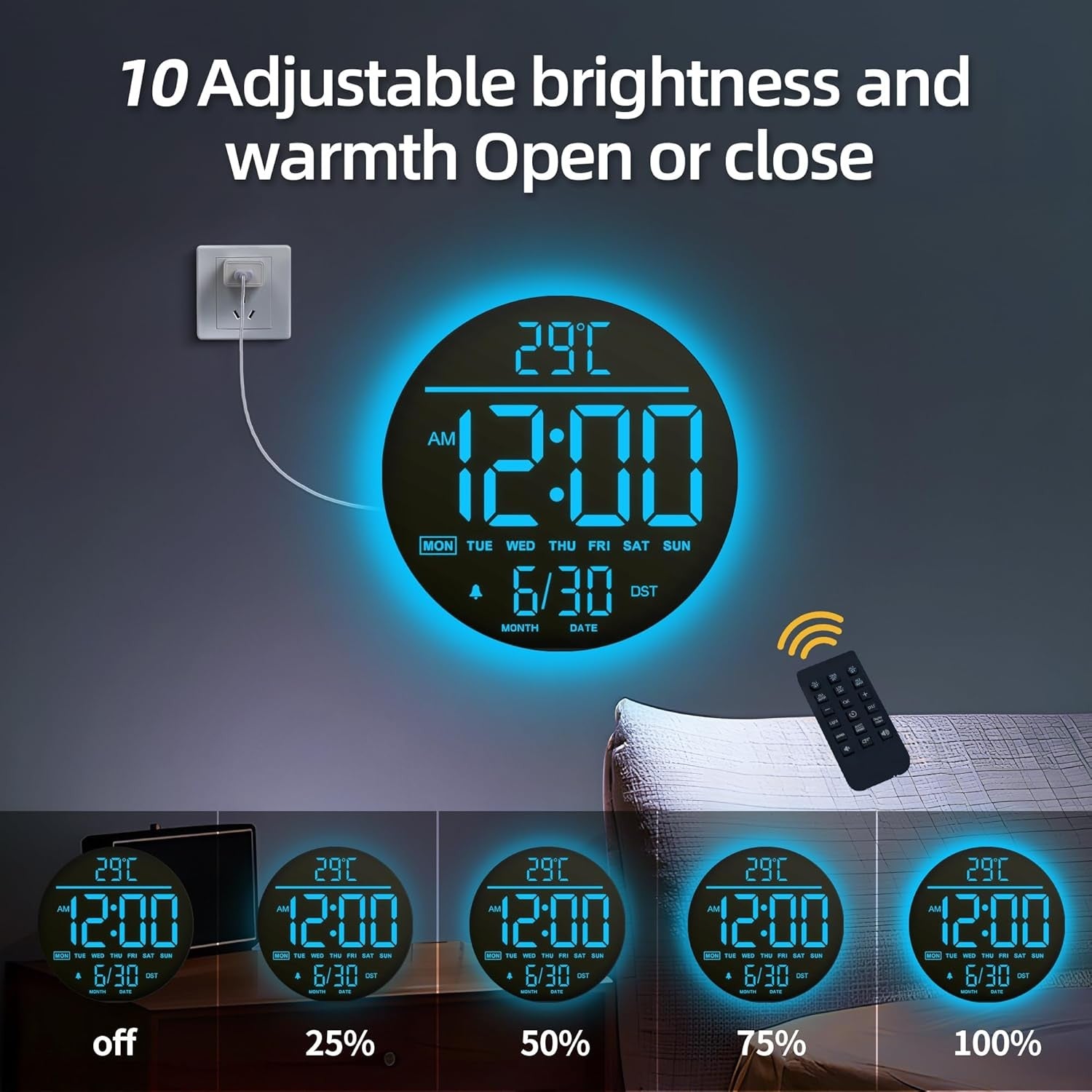 Black LED Digital Wall Clock 10 Inch Remote Control Night Light Display