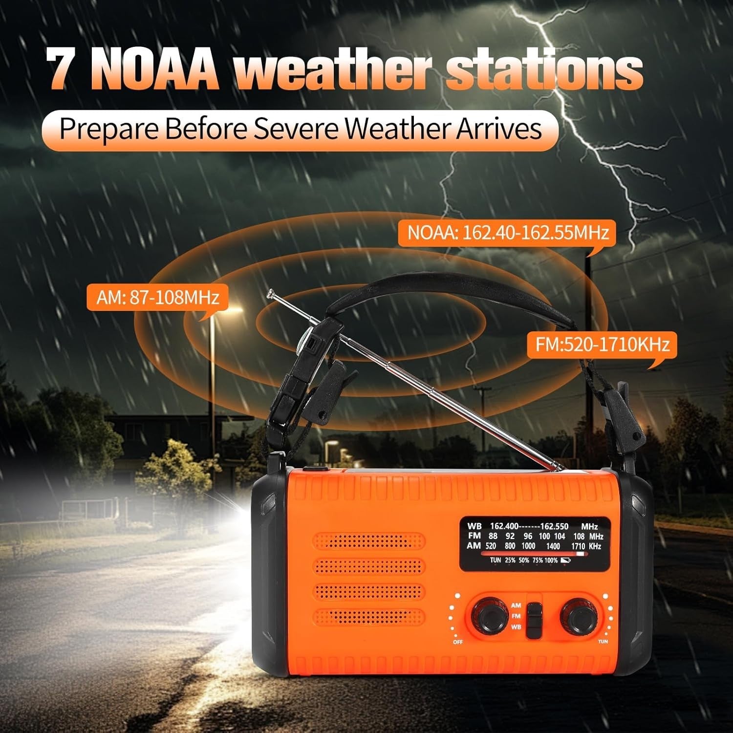 Wind Up Solar Emergency Radio 20000mAh AM/FM NOAA SOS Torch Orange
