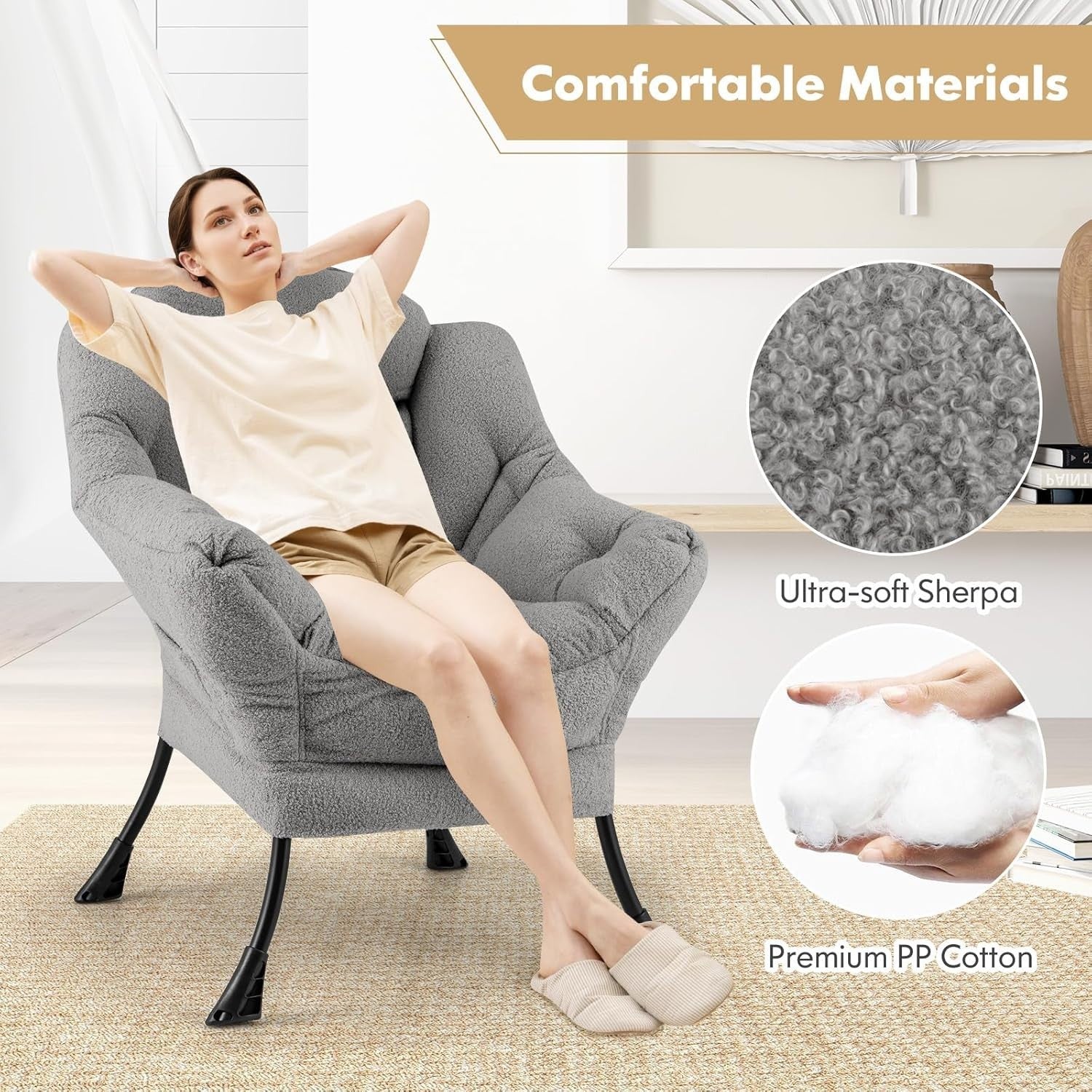 Grey Sherpa Armchair Comfy Reading Chair Lounge Sofa w/ Side Pocket