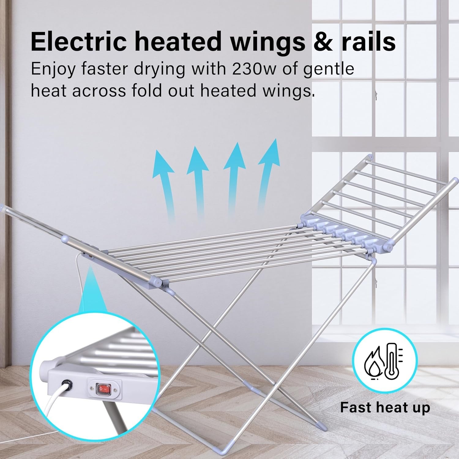 Heated Clothes Airer with Cover Electric Folding Winged Dryer 14m Indoor Rack