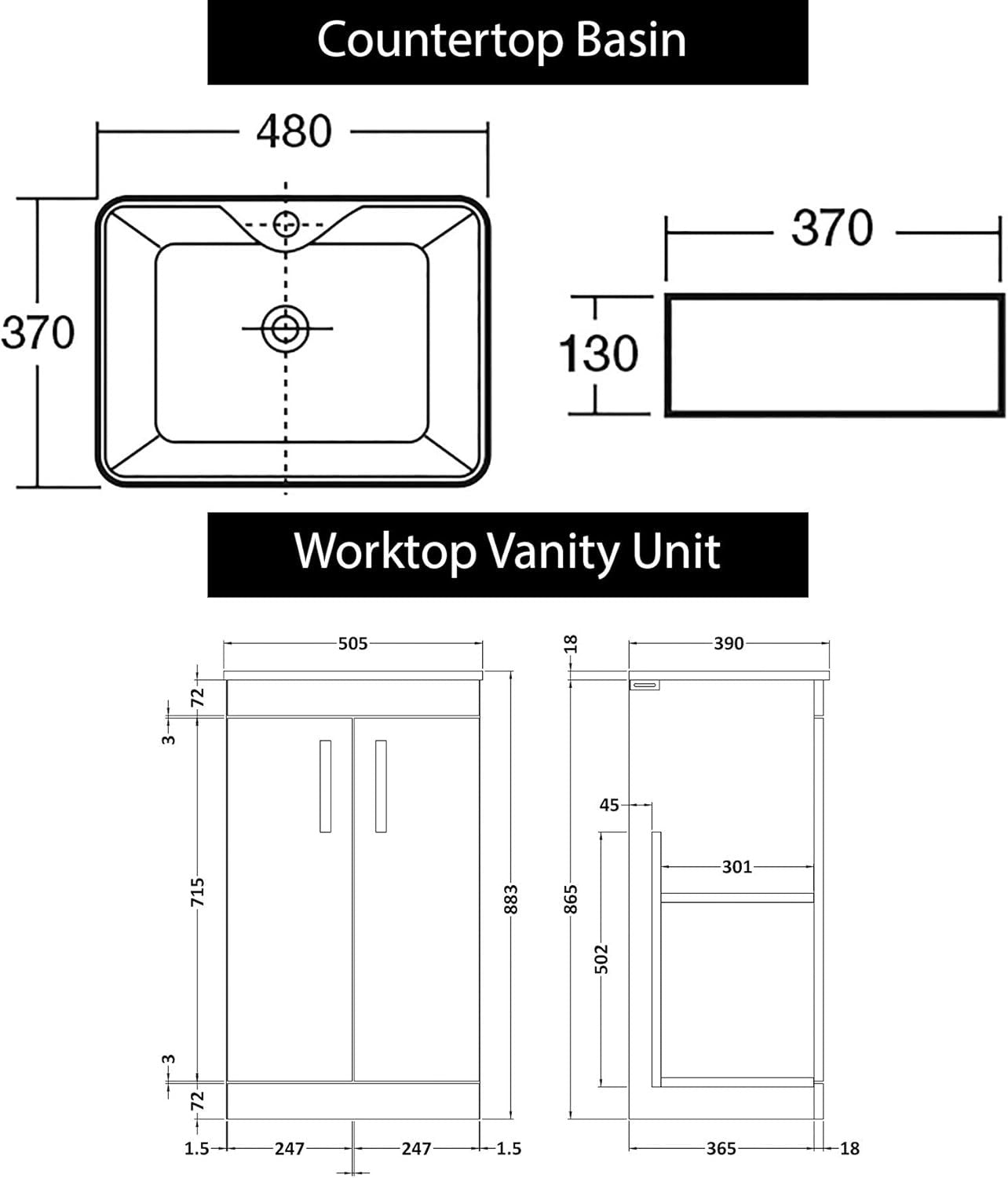 500mm White Floor Standing Bathroom Vanity Unit with Basin 2 Door Sink Cabinet