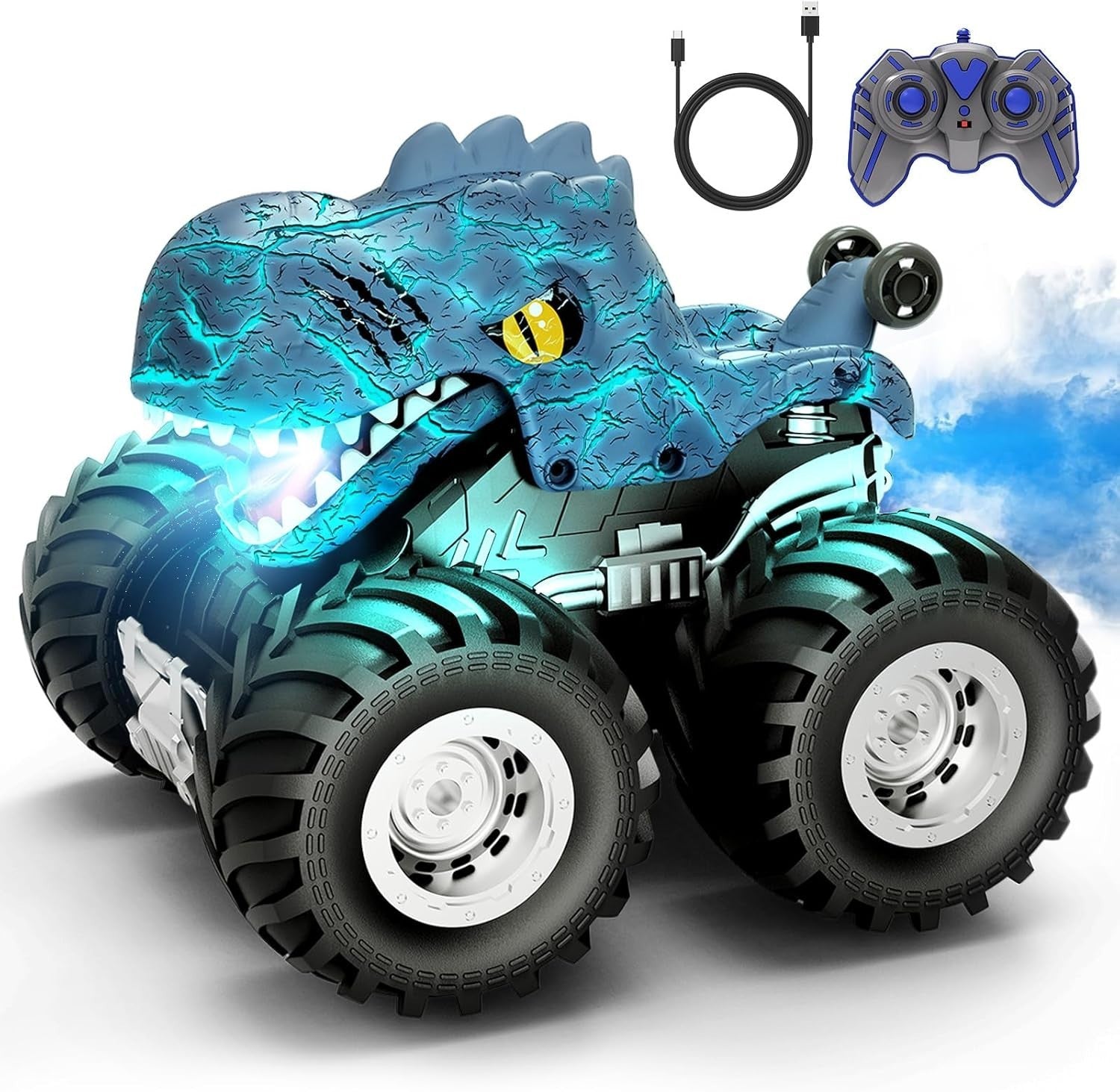 RC Dinosaur Car 360° Spin w/ Spray Lights Sound Kids Remote Control Toy 2.4GHz
