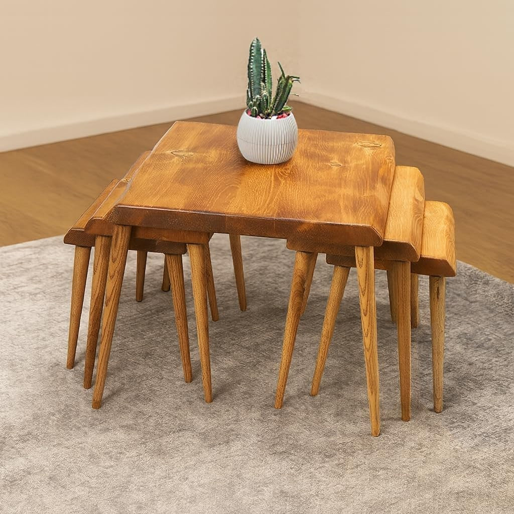 Teak Wood Nesting Side Table Set Mid-Century Modern Coffee End Plant Stand