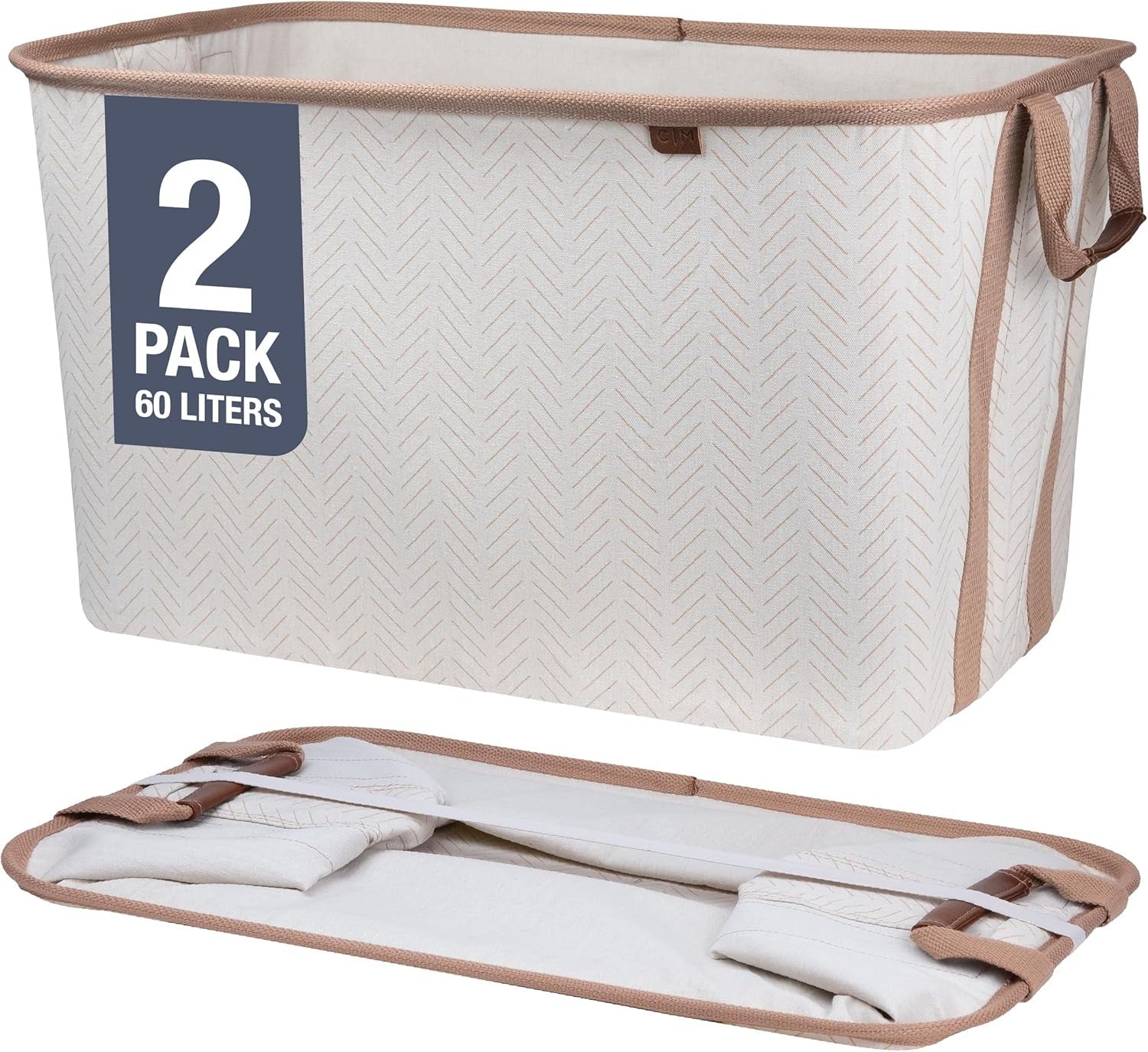 2 Pack Collapsible Laundry Baskets 60L Foldable Storage Bin with Handles Beige