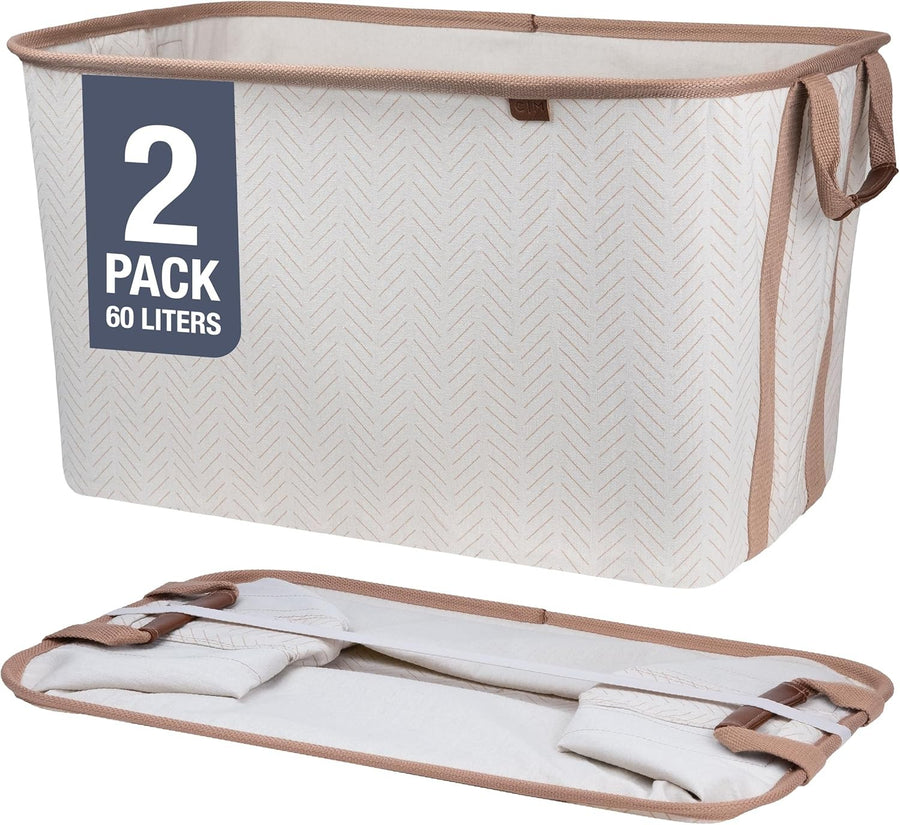 2 Pack Collapsible Laundry Baskets 60L Foldable Storage Bin with Handles Beige