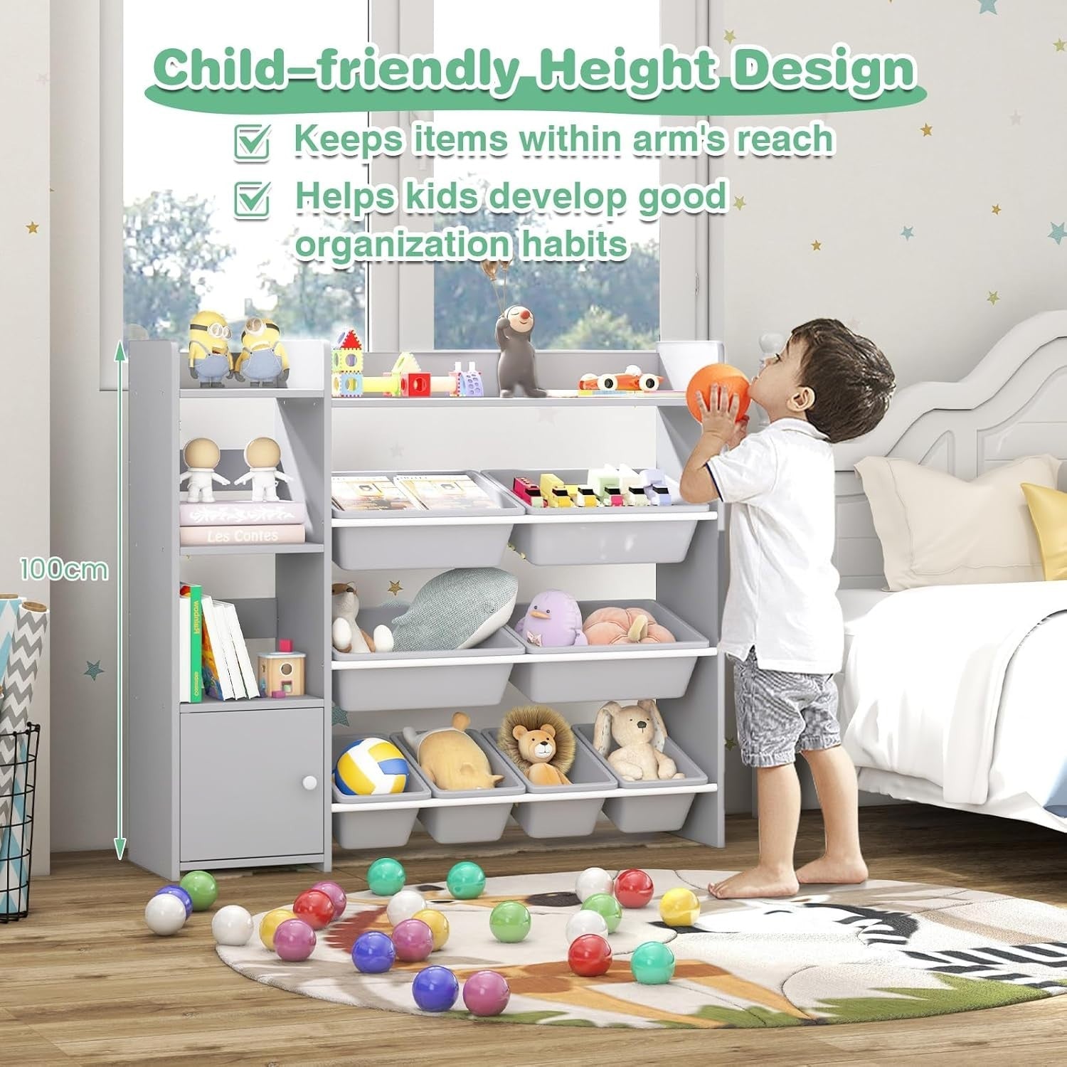 Kids Toy Storage Organizer with 8 Bins, Cabinet & Shelves, Safe & Waterproof