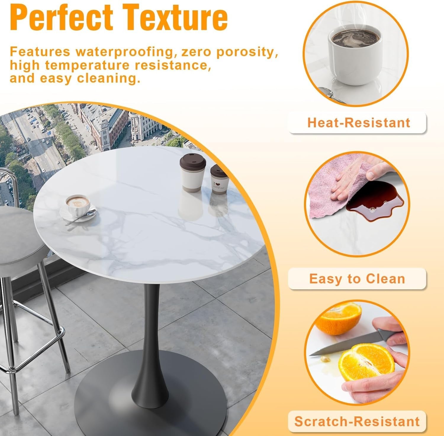 Rich White 76cm Round Tall Bar Table 100cm Sintered Stone Top Black Metal Base