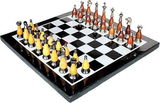 Luxury 15" Black Marble Chess Set – Inlaid Board + Brass & Wooden Handcrafted