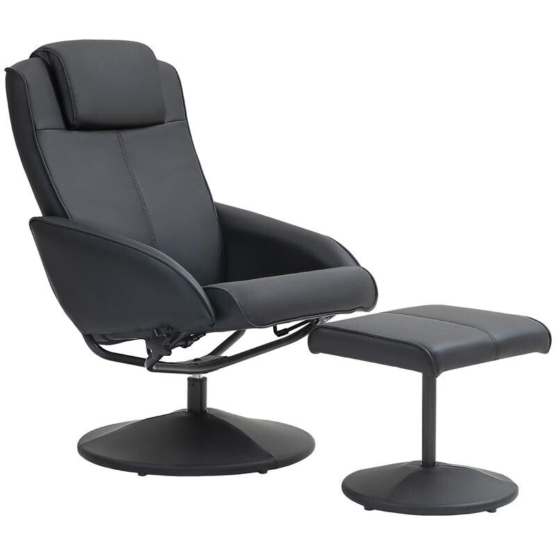 Black Recliner Armchair Chair w/ Footstool Faux Leather Swivel Lounge Set