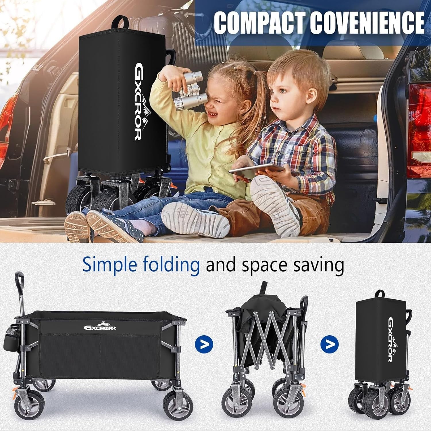 Black 140L Heavy Duty Folding Wagon 130kg Trolley 14.5cm Wide Wheel Cart