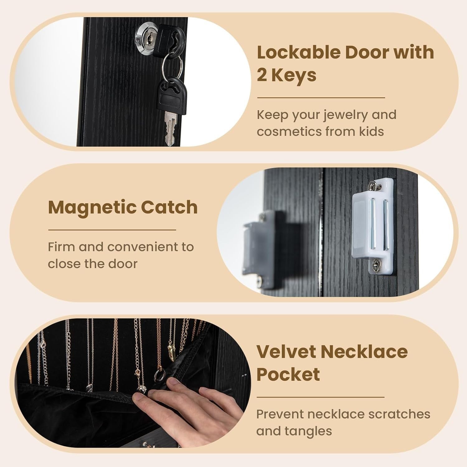 Black 360° Swivel LED Jewelry Cabinet Mirror Lockable Storage with Shelves