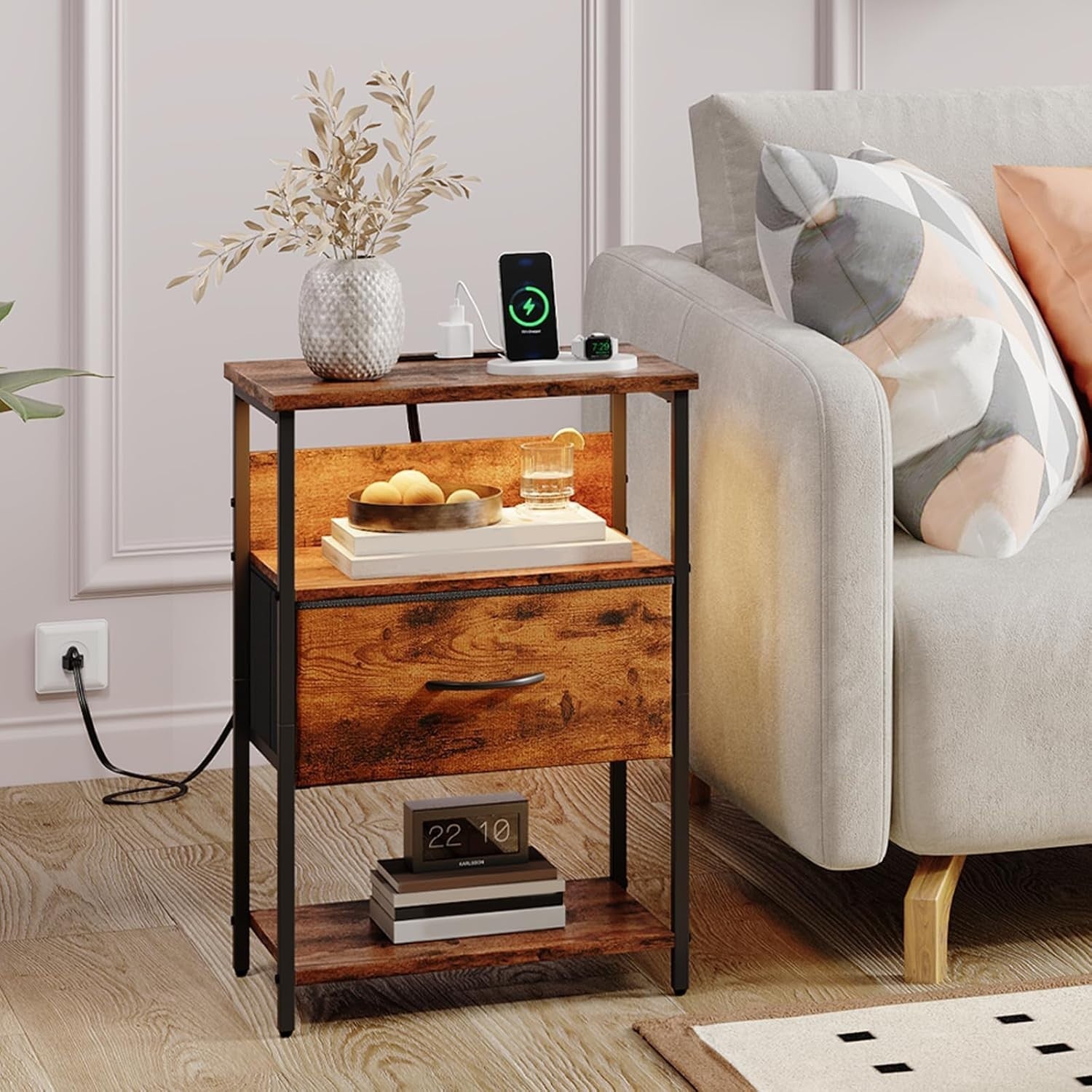 Wood Grain Bedside Table with LED Light – Nightstand with USB Ports