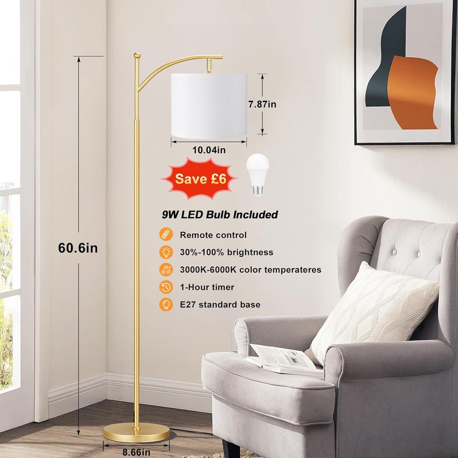 Gold Arc Floor Lamp Dimmable LED Remote Control Modern Standing Light