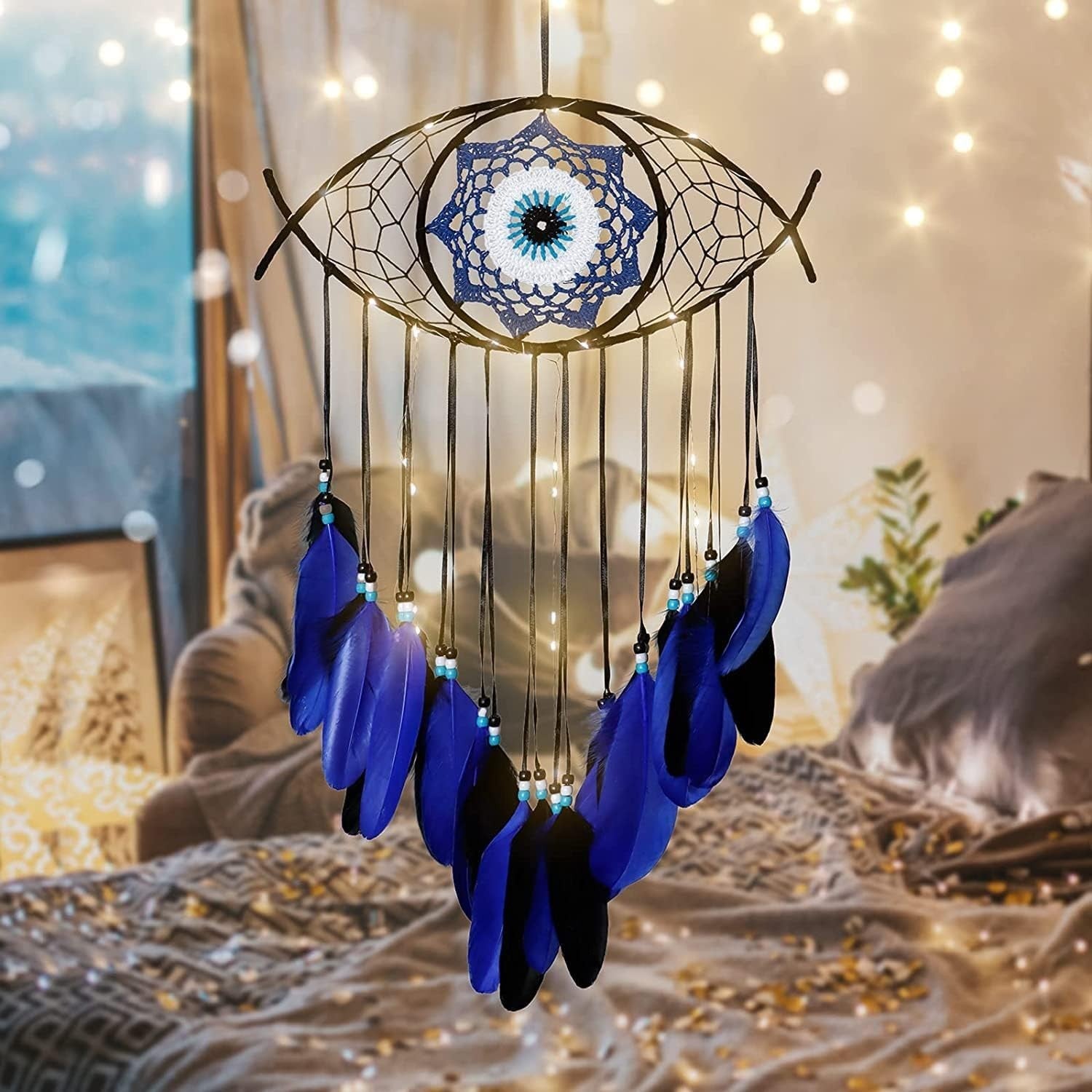 Boho Evil Eye Dream Catcher Blue Macrame Wall Hanging Decor