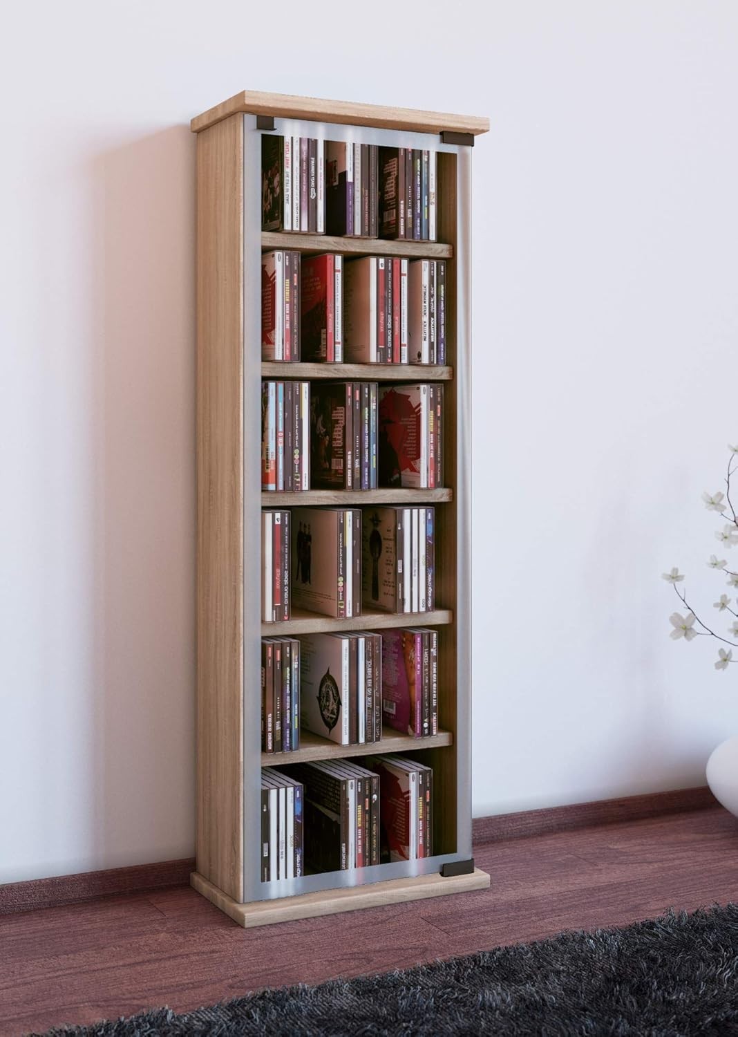 CD DVD Storage Tower Cabinet Glass Door Media Shelf Holds 150 CDs Oak