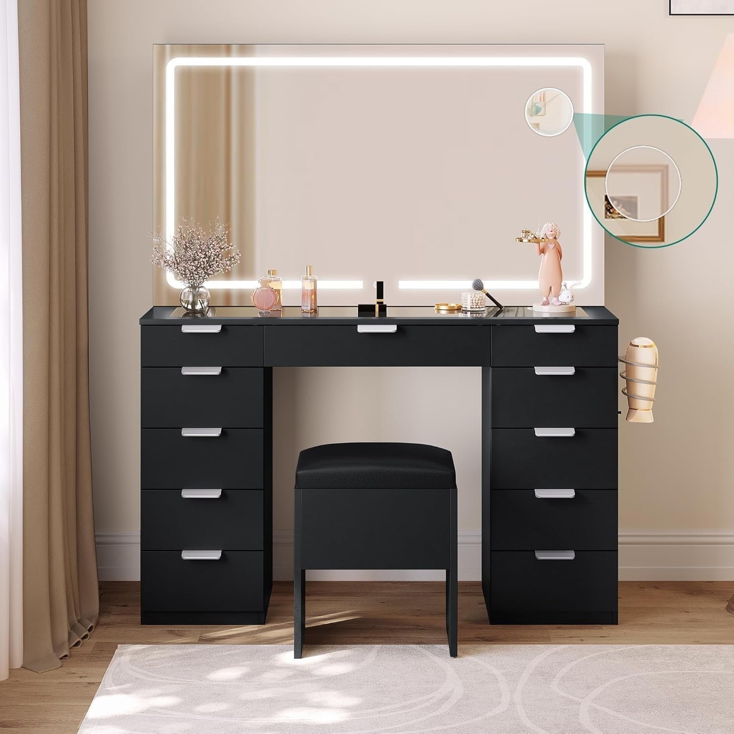 11-Drawer Vanity Makeup Desk Mirror Lights Charging Station Hair Dryer Rack