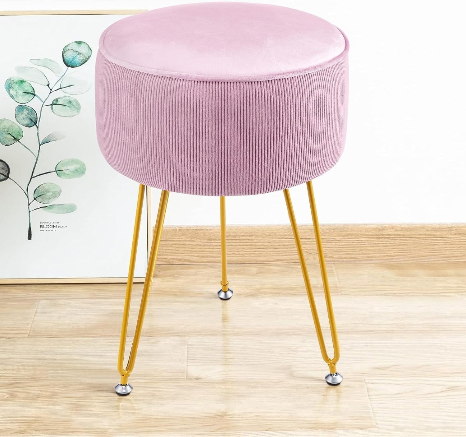 Pink Round Vanity Stool with Gold Metal Legs – Padded Makeup Chair