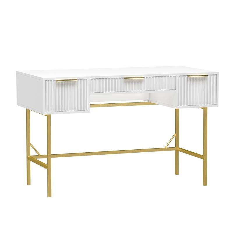 Modern White Console Table Desk with 3 Drawers & Gold Legs